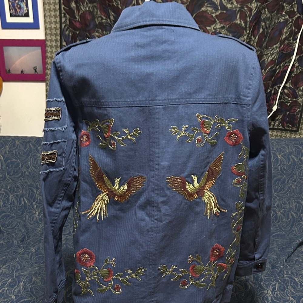 Colleen Lopez Women's Blue Utility Jacket with Embroidery- Med - gold stitch